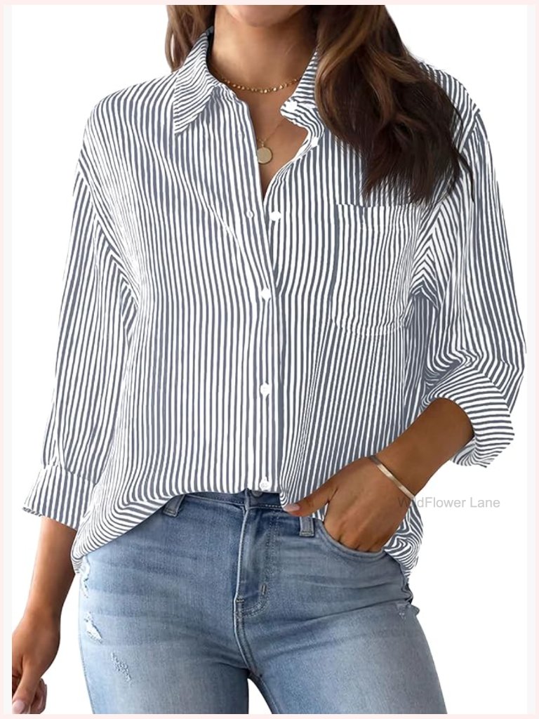 Classic Striped Button Down Long Sleeve Blouse With Pocket